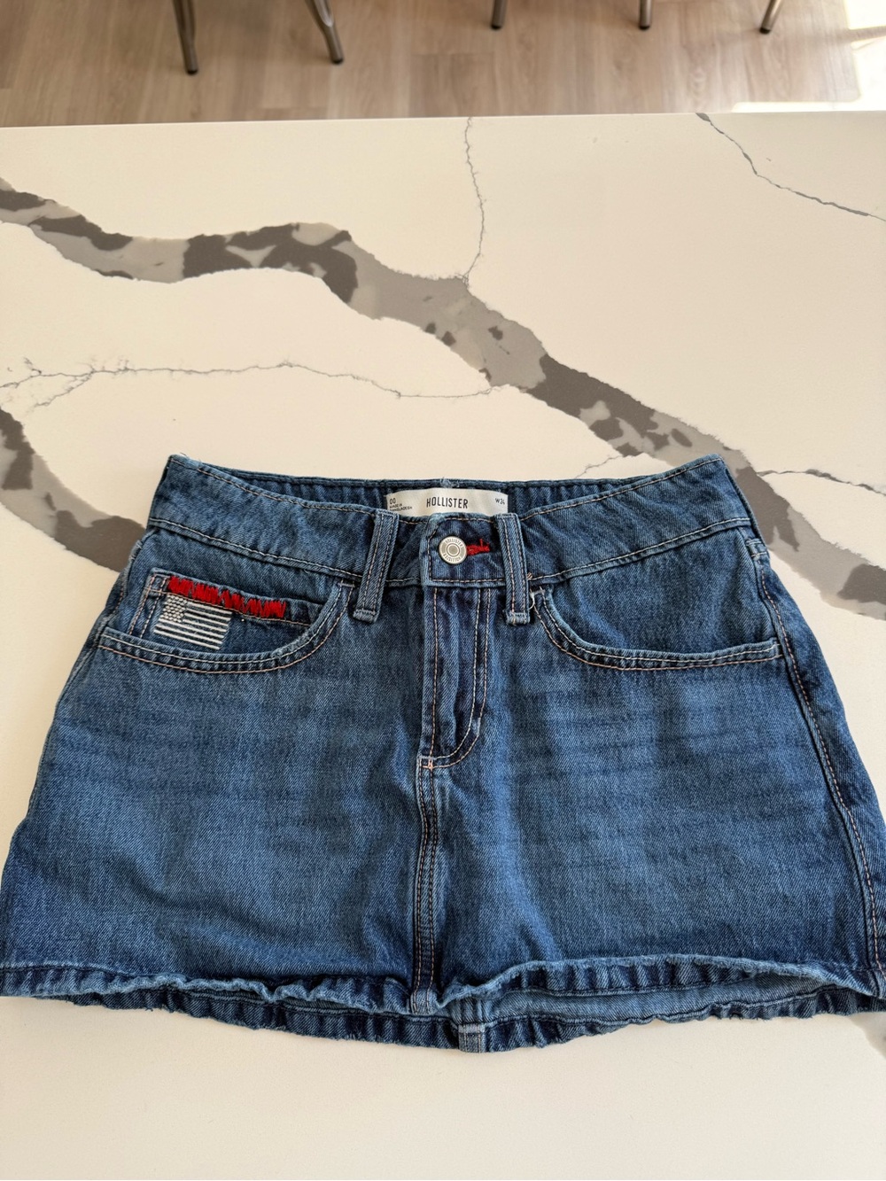 Hollister Distressed Blue Denim Jean Shorts with Red Trim